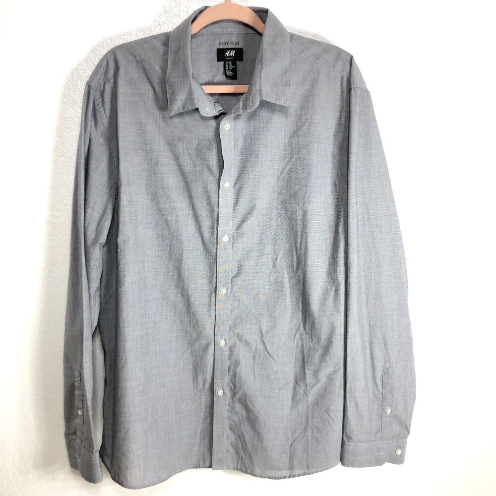H & M Easy Iron Slim Fit Long Sleeve Dress Shirt Gray Mens Size XXL